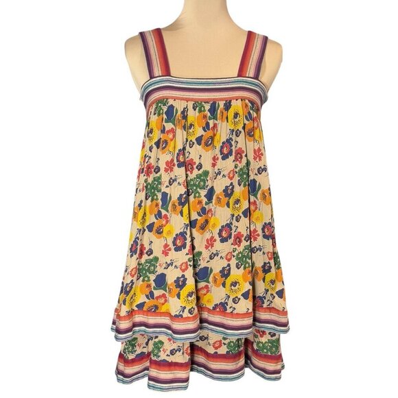 WARM NY Babydoll Mini Dress Sz.XS Tiered Floral Smocked Back Sundress Boho - Picture 2 of 13